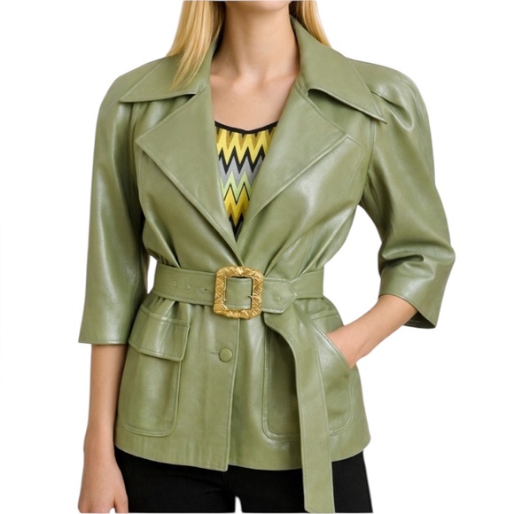 Green Metallic Sheen Belted Jacket - Picture 6 of 15